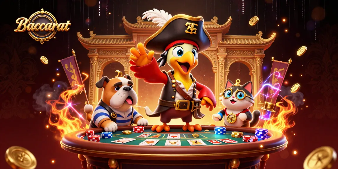 Baccarat action scene with a cartoon parrot captain directing play at a lively baccarat table surrounded by gold coins.