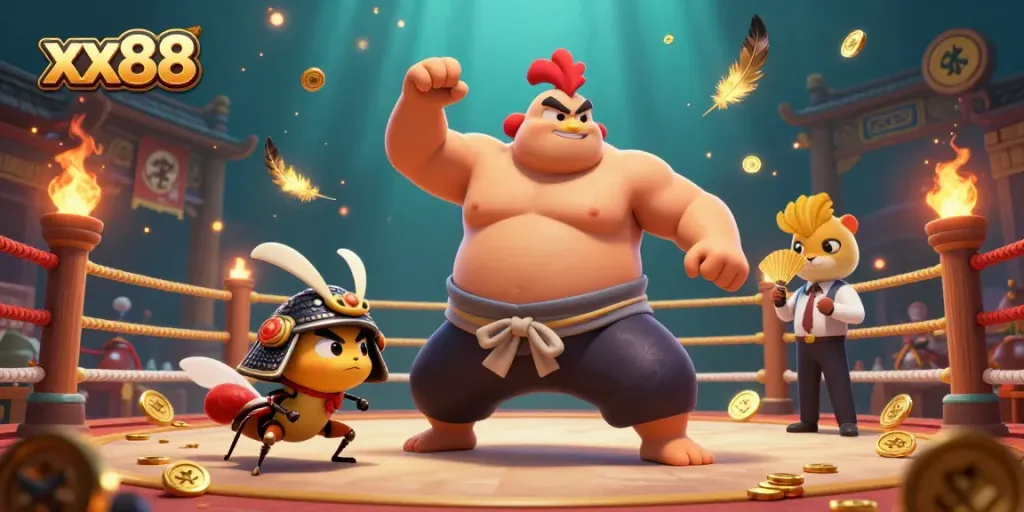 Engage in thrilling fights with characters from xx88 in a vibrant animated casino arena.