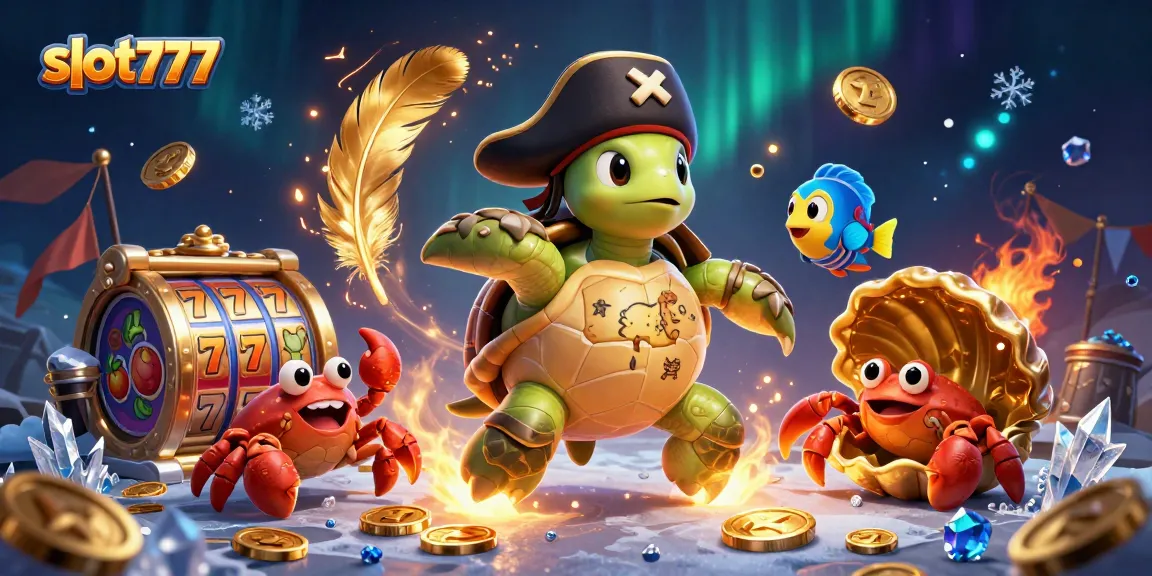 Engage with slot777 excitement as cartoon pirate turtle and friends explore treasure in a vibrant casino scene.