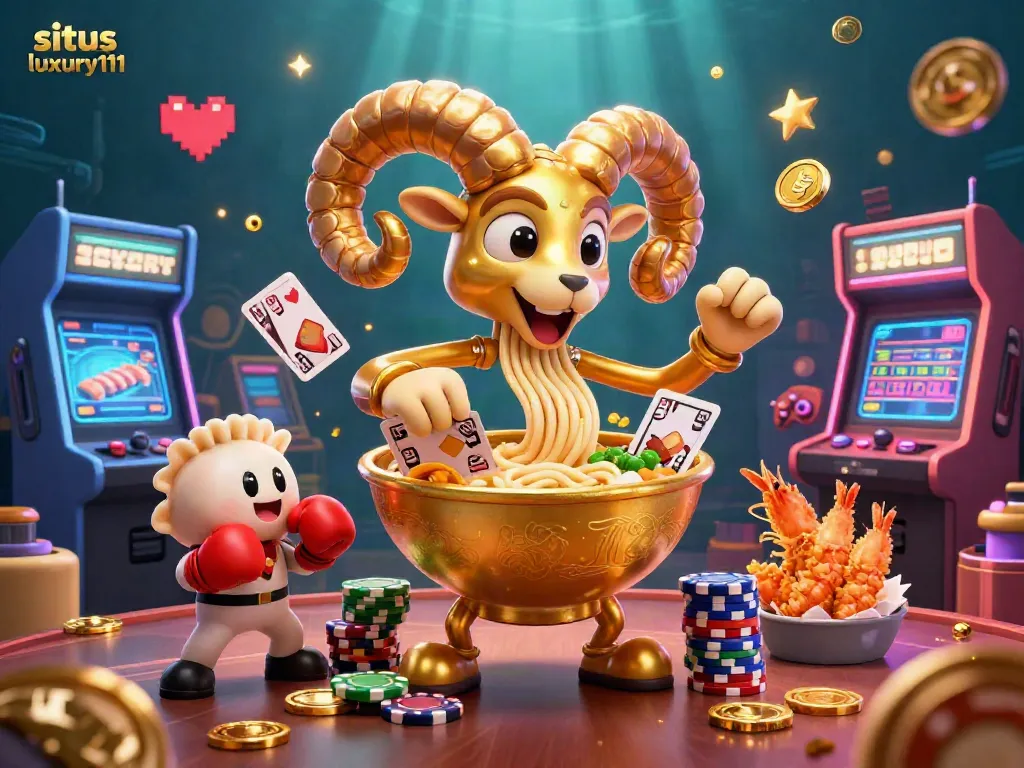 Sparkling casino scene with situs luxury111 characters, featuring a golden ramen bowl and dynamic casino elements.