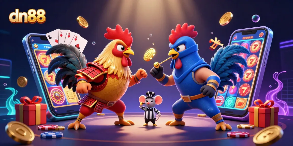 Bet on exciting dn88 fights between roosters in a colorful, dynamic casino scene.