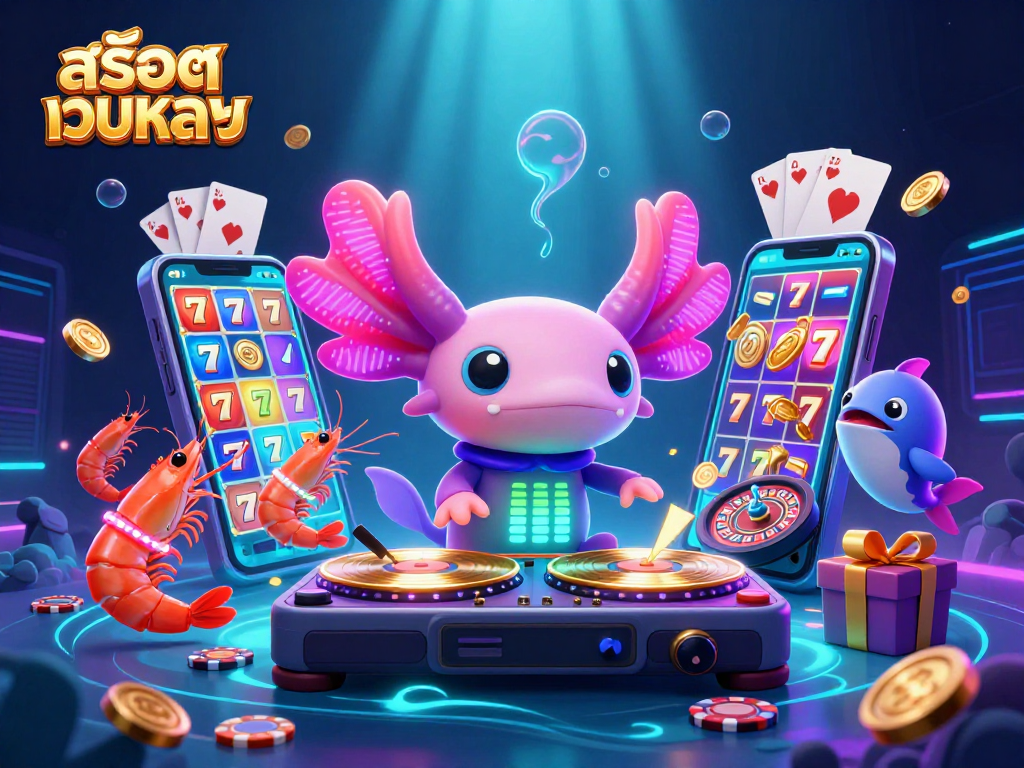 Engage with สล็อตเว็บตรง and experience vibrant gaming action with a neon axolotl DJ and dynamic creatures.