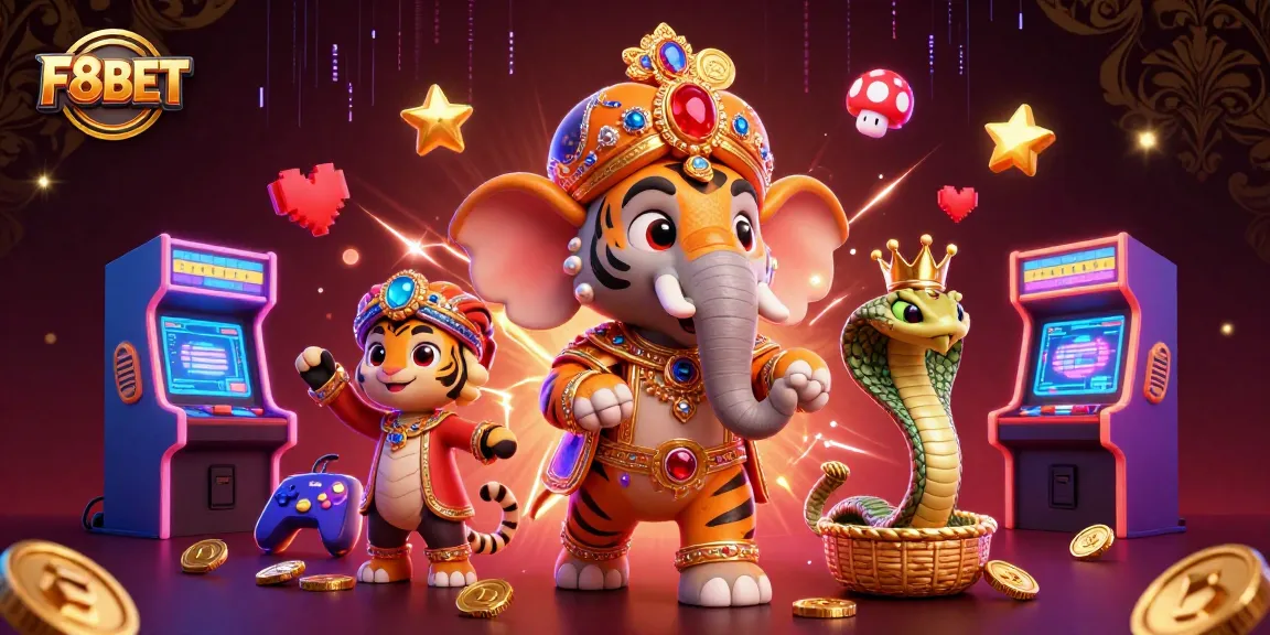 Win big at F8BET with a vibrant casino scene featuring a maharaja, elephant, and gaming elements.