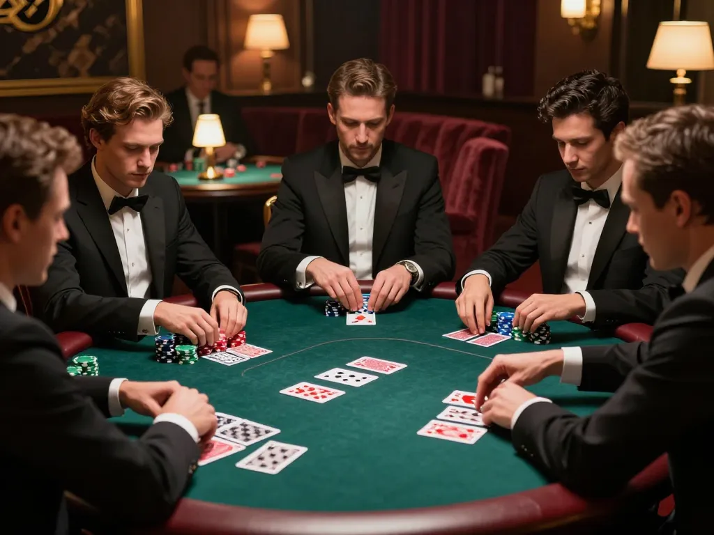 High-stakes poker game showcasing strategic players in a luxury casinosscope environment.