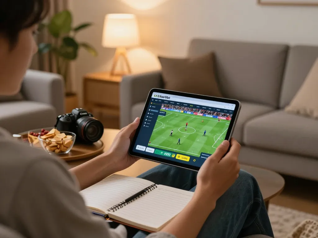 Engaging with thể thao 9bet sports betting on a tablet in a cozy living room setting.
