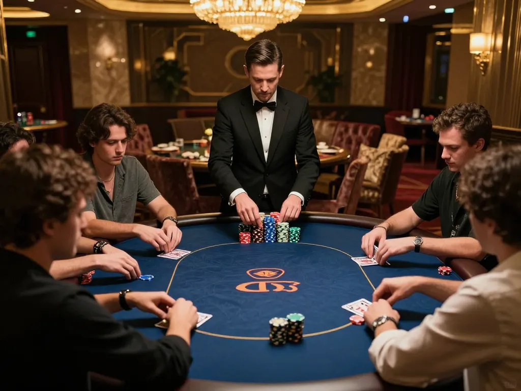 A thrilling poker game at 33win in a luxury setting with intense players and a professional dealer.
