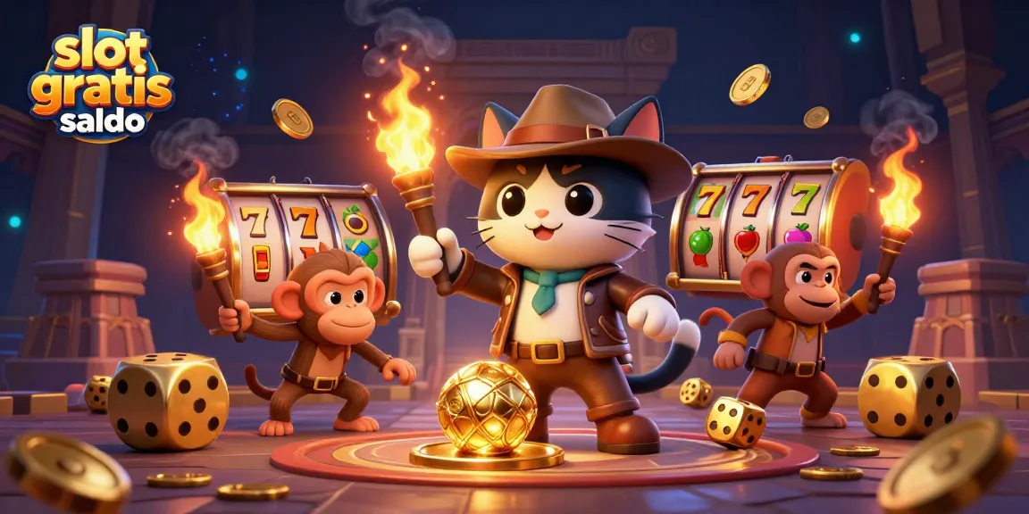 Engage with slot gratis saldo as the cat explorer uncovers a golden casino artifact amidst vibrant gaming symbols.