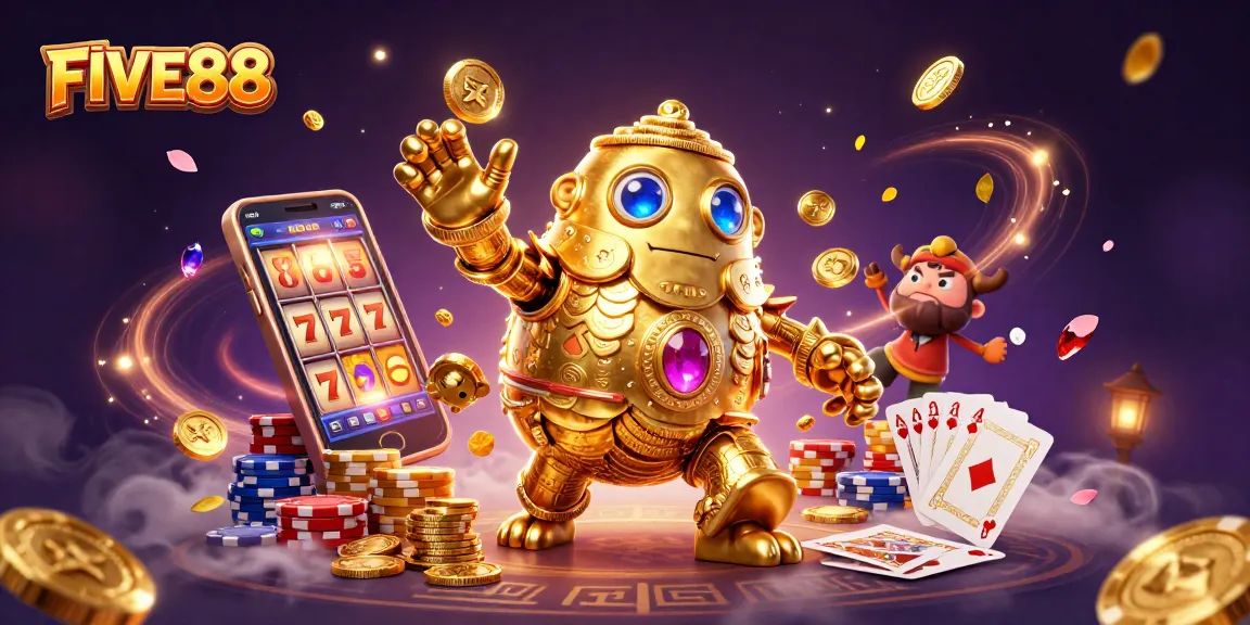 Experience the excitement of FIVE88 with 3D gold golem and spinning slots in action.