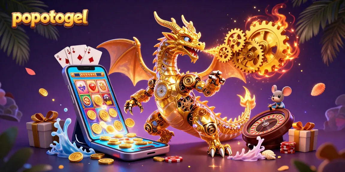 Engage with popotogel through thrilling games and golden rewards in a vibrant, fantasy-themed illustration.