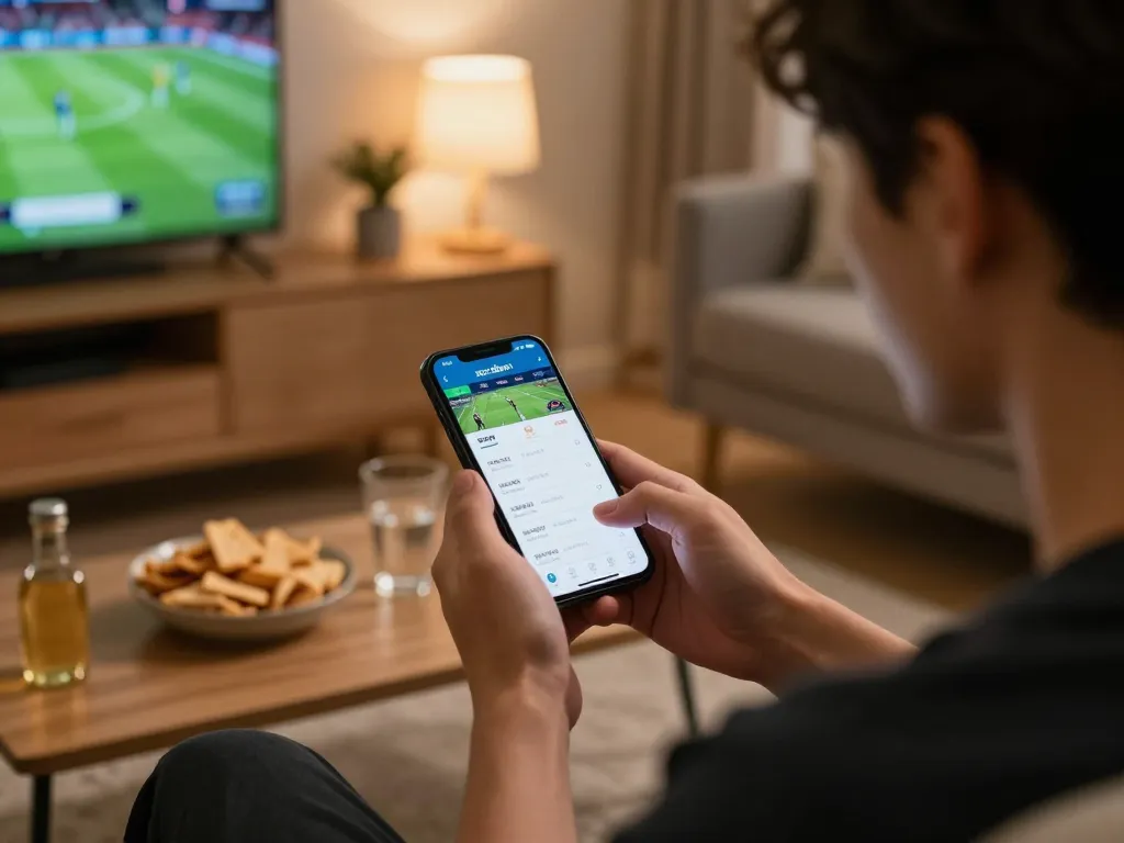 Engaged user betting on xocdiavn app at home with live sports odds displayed.