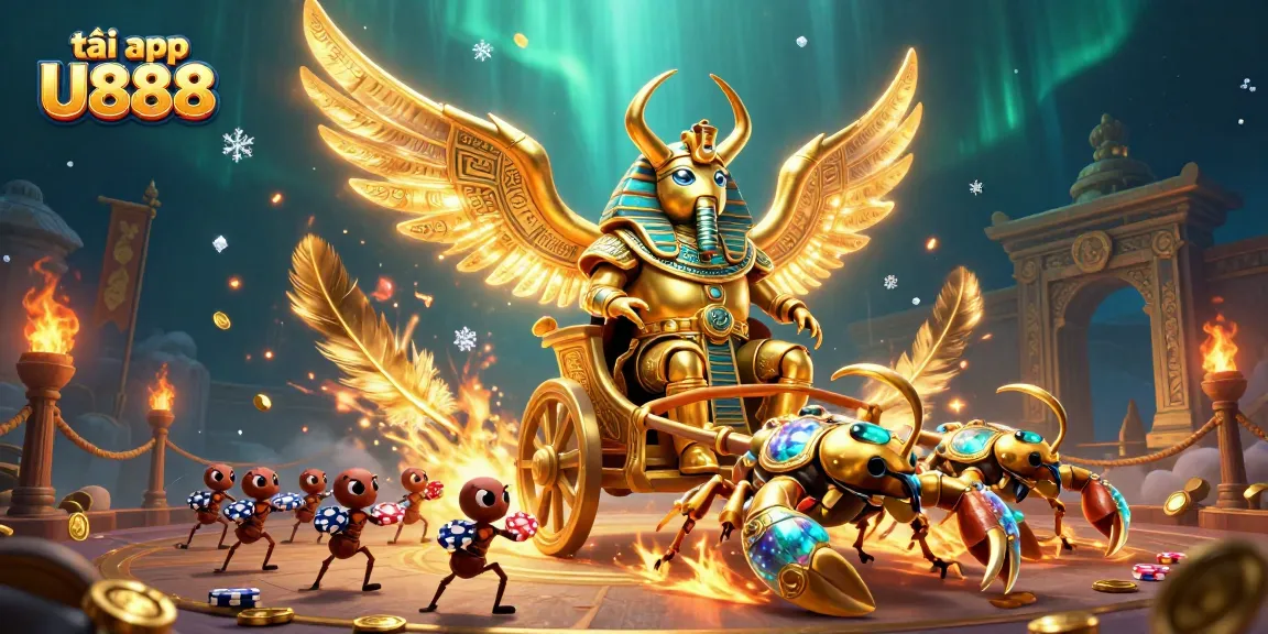 Engage with the thrill of tải app U888 through this vibrant casino scene featuring a golden beetle and scorpions.