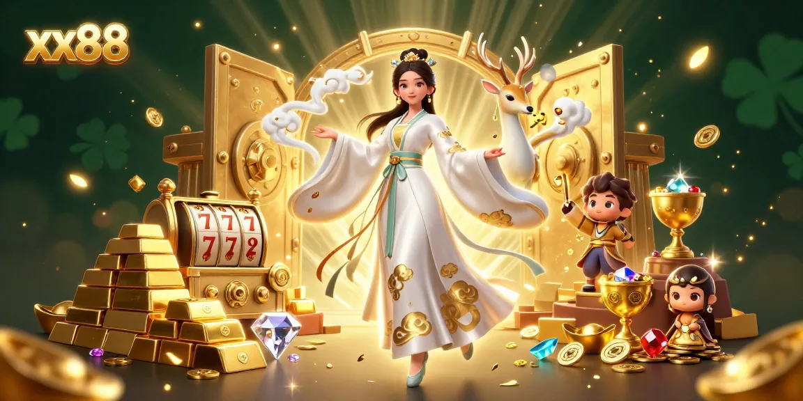 Experience the thrill of jackpots and winning at xx88 with an enchanting 3D casino scene filled with treasures.