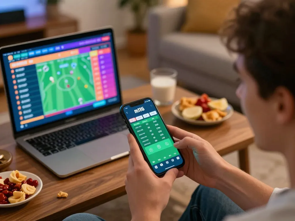 Engaging user interacts with m116 sports betting app on smartphone in cozy home setting, showcasing responsible gambling.