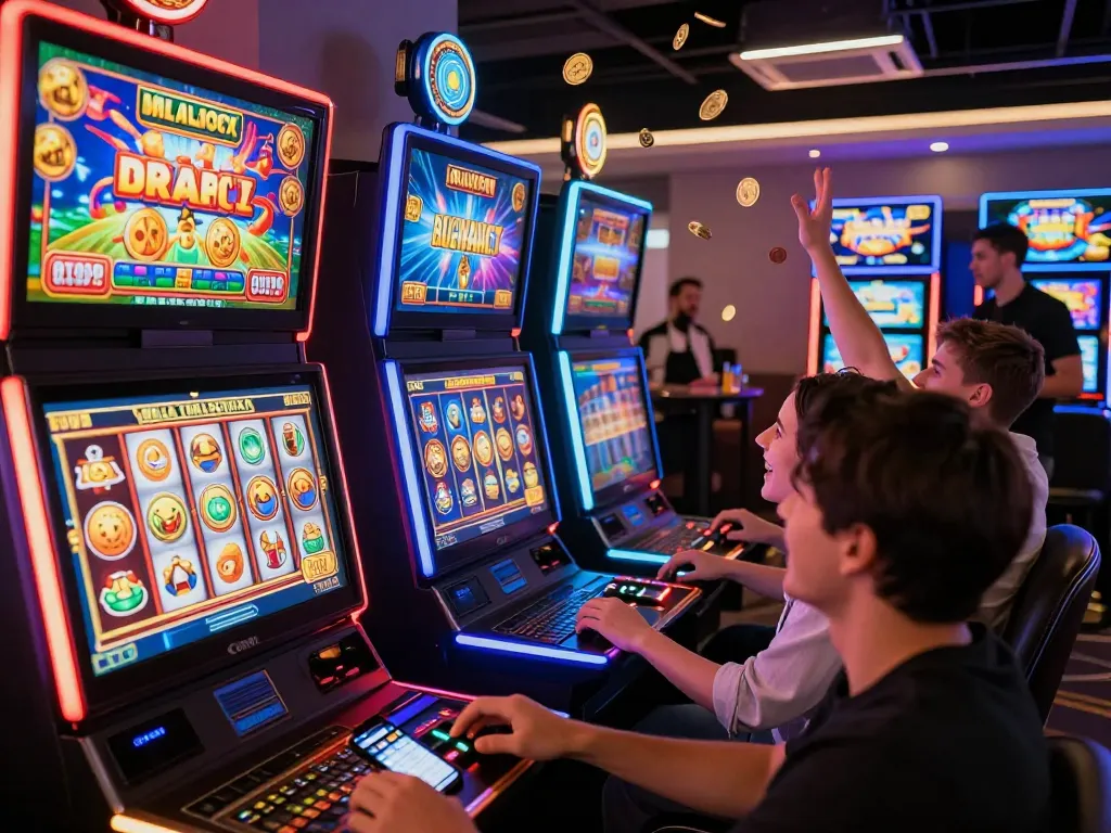 Excited players enjoying slot gacor experience in vibrant online casino setting.