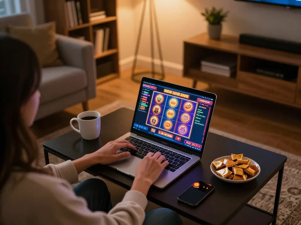 Engaging with situs slot games on a laptop in a cozy home setting with warm lighting