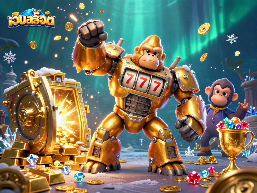 Experience the thrill of เว็บสล็อต with an ultra-detailed 3D gorilla mech bursting with coins and treasure.
