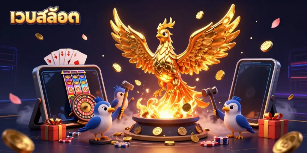 Engage with เว็บสล็อต in an enriching 3D scene of a molten phoenix and rich gaming elements.