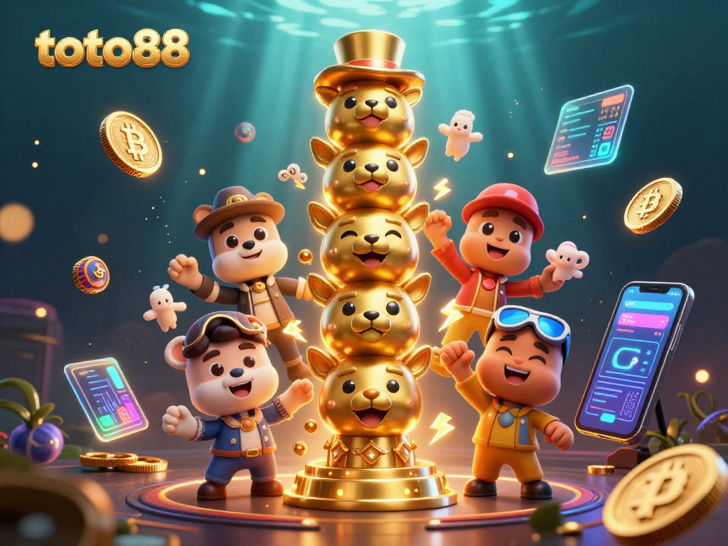 Engage with the thrilling world of toto88 as a golden totem pole and neon coins illuminate an exciting casino scene.