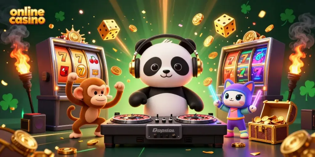 Experience the vibrant excitement of an online casino with a DJ panda and friends celebrating wins.