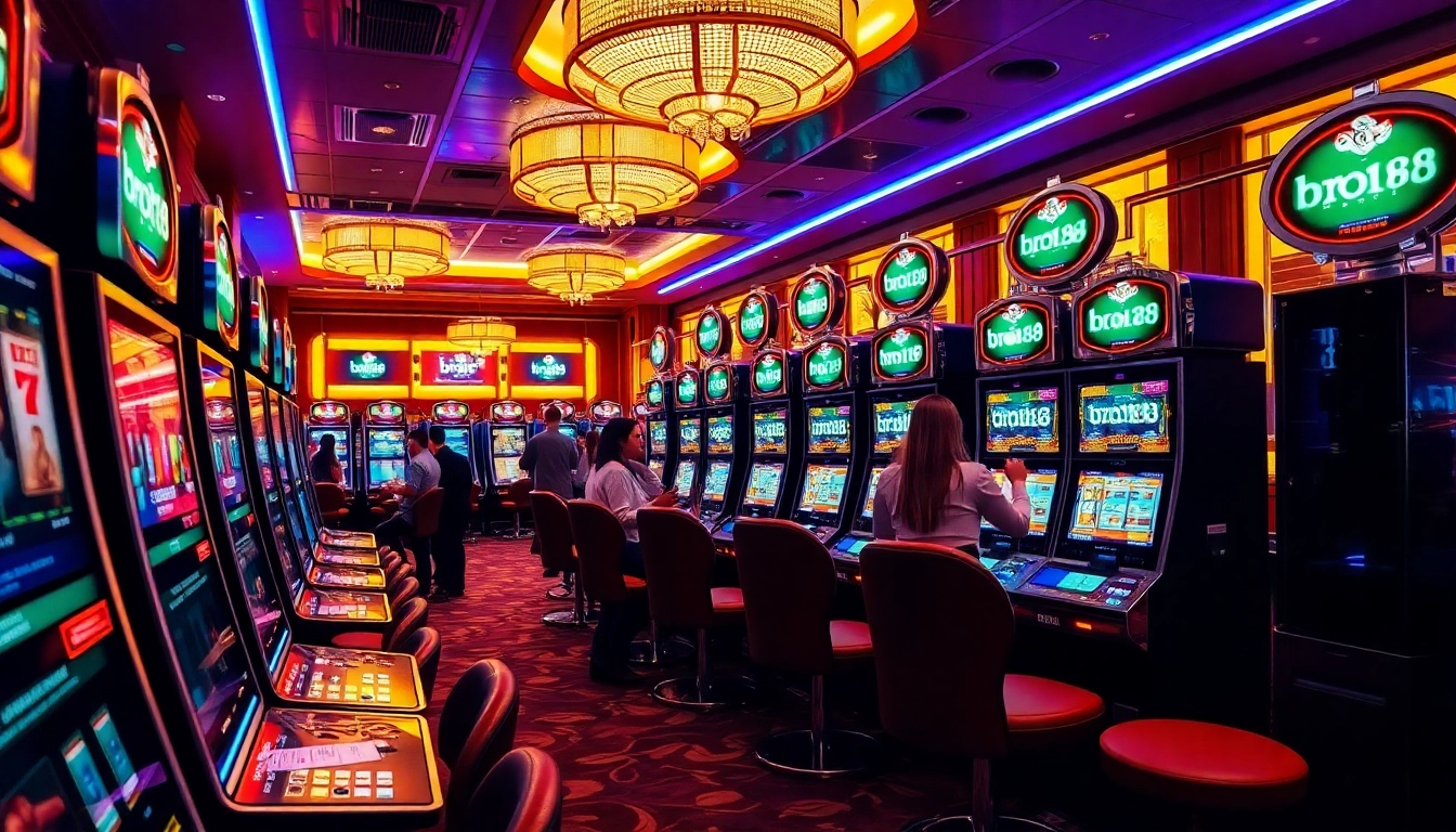 Engage with the excitement of the bro138 slot experience amidst a vibrant casino environment filled with slot machines and eager players.