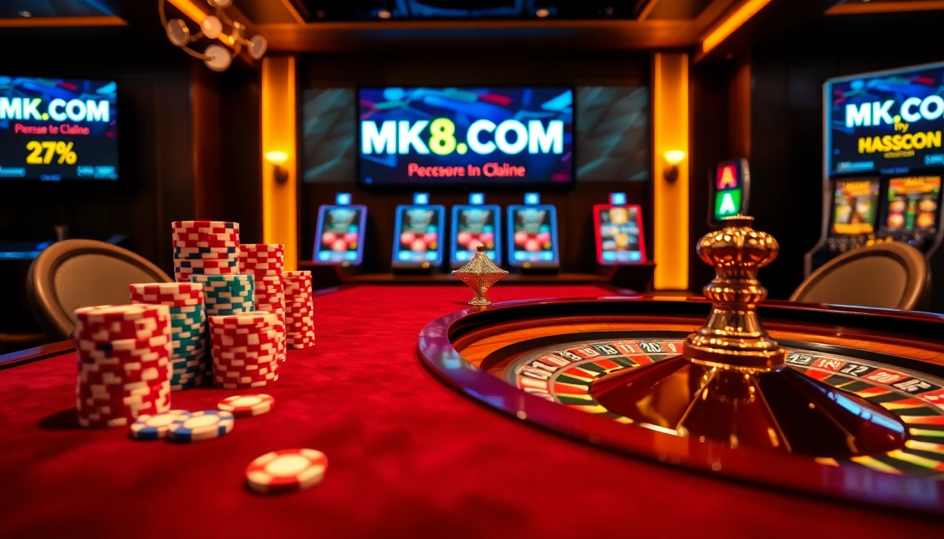 Experience the thrill of gambling at MK8.COM, where poker chips and vibrant slot machines create excitement.