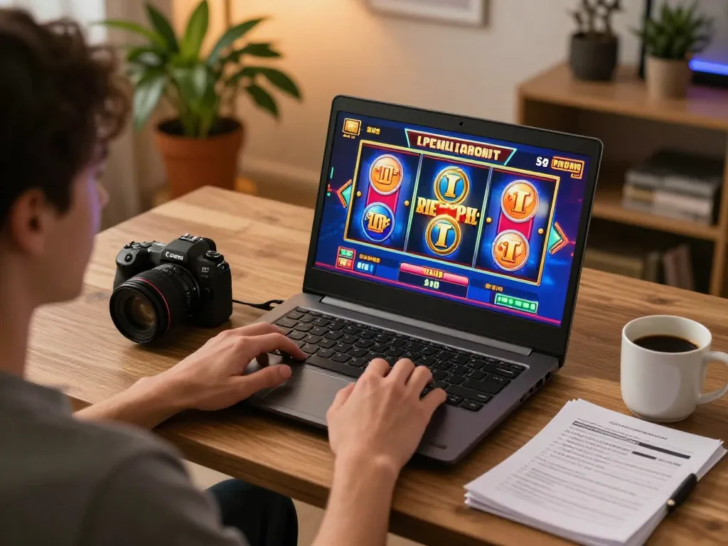 Player enjoying a thrilling online slot experience on casinoatlas while using laptop and strategies.