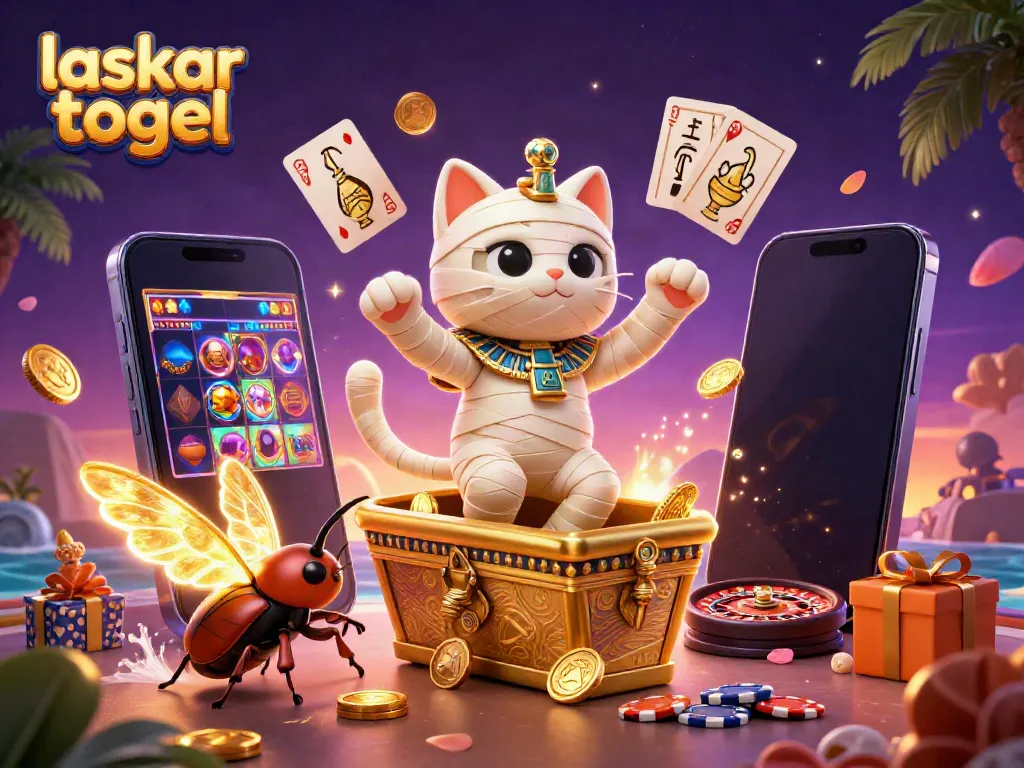 Experience thrilling bets with laskar togel's dazzling mummy cat and gold treasures in a casino scene.