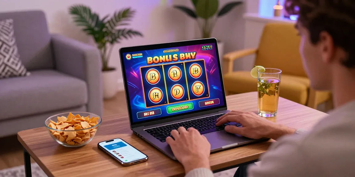 Engaging player experiencing bonus buy slots UK on laptop in cozy living room.