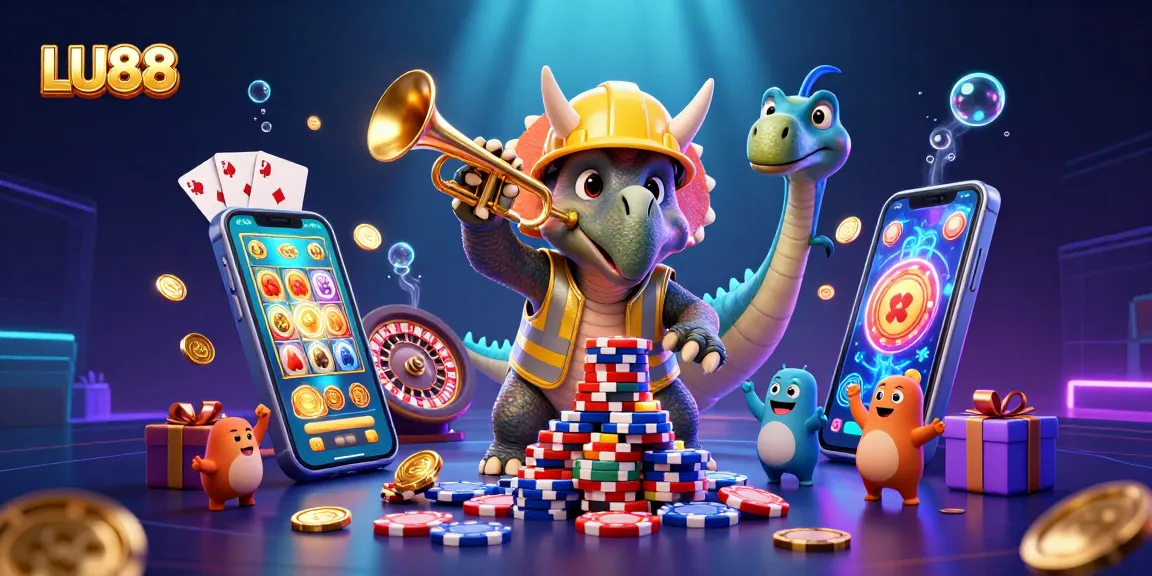 LU88 showcases a dynamic casino scene featuring characters building poker chip pyramids with vibrant casino elements.