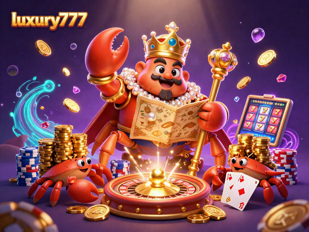 Menangkan jackpot luxury777 dengan ilustrasi 3D kasino mewah yang penuh dengan koin emas dan elemen permainan kasino.