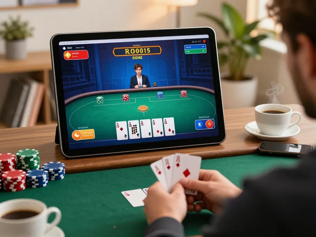 Engaging in poker gameplay at home through an official website, showcasing strategy and excitement.