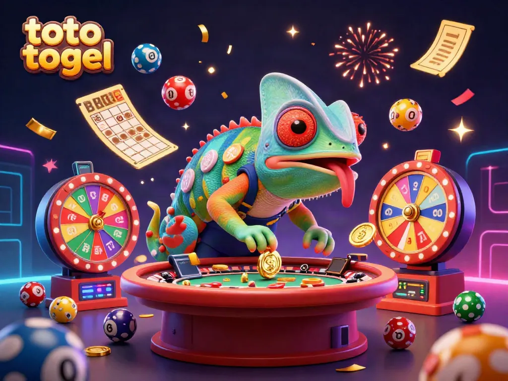 Engage in thrilling toto togel action with an energetic chameleon casino owner and colorful lottery elements.