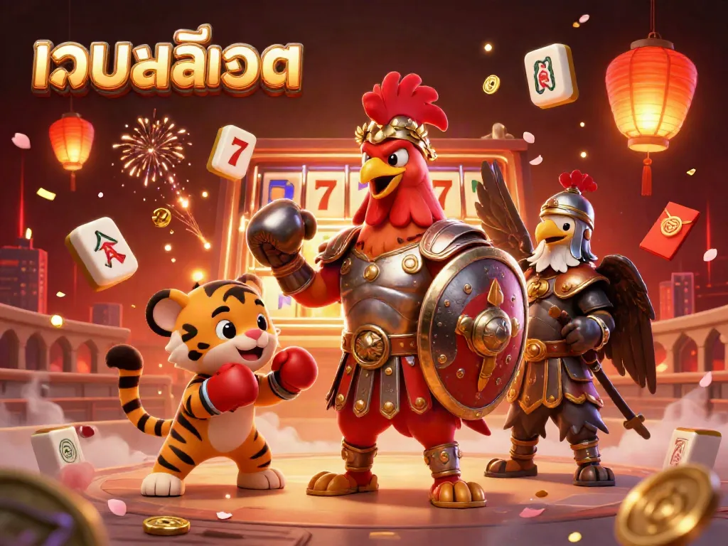 Engage with เว็บสล็อต in this vibrant 3D illustration showcasing dynamic casino elements and characters.