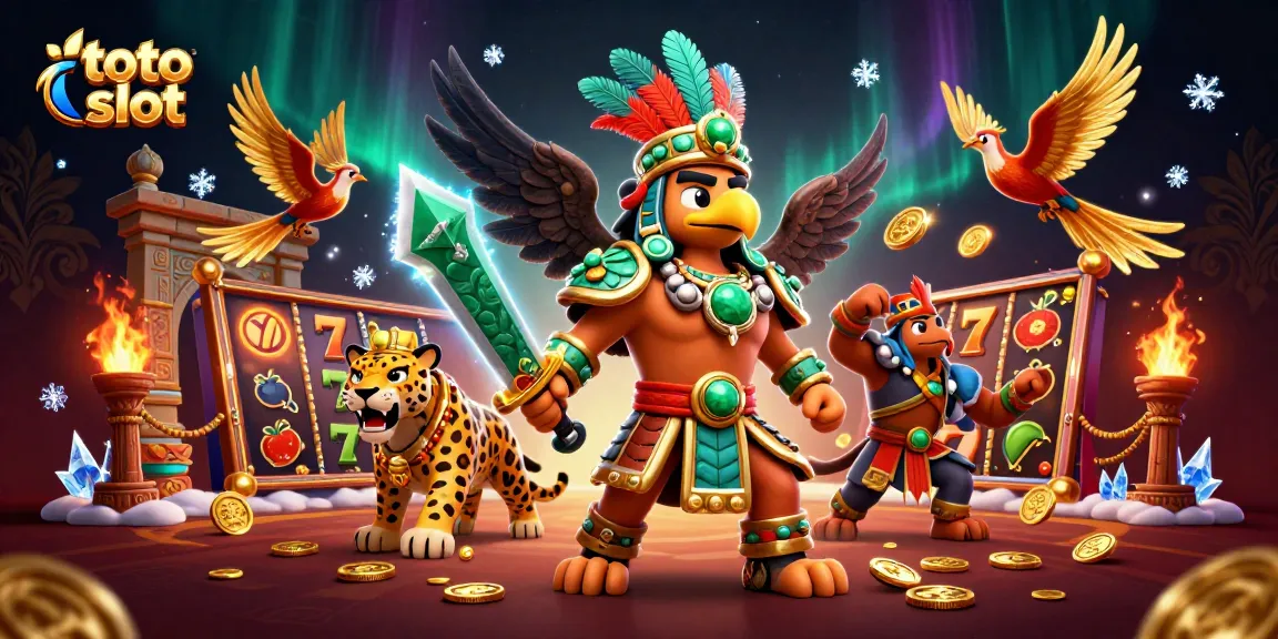 Engage in thrilling toto slot action with an Aztec warrior and jaguar in a vibrant casino scene.