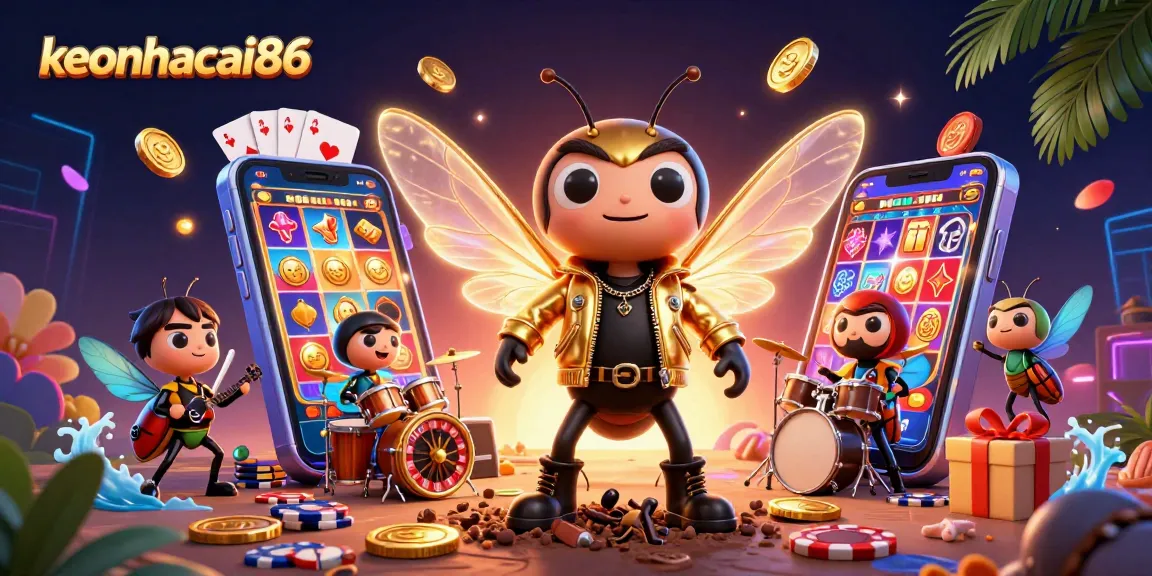 Engage with keonhacai86's vibrant casino scene featuring a cicada rock star amidst dynamic gaming elements.
