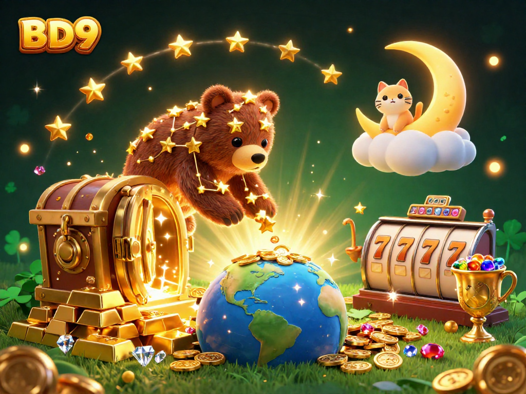Engage with BD9's vibrant digital casino atmosphere featuring treasure, stars, and playful characters.