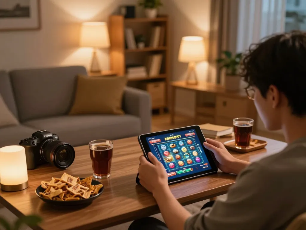 Experience MM99 Slot gameplay on a tablet in a cozy home setting with warm lighting