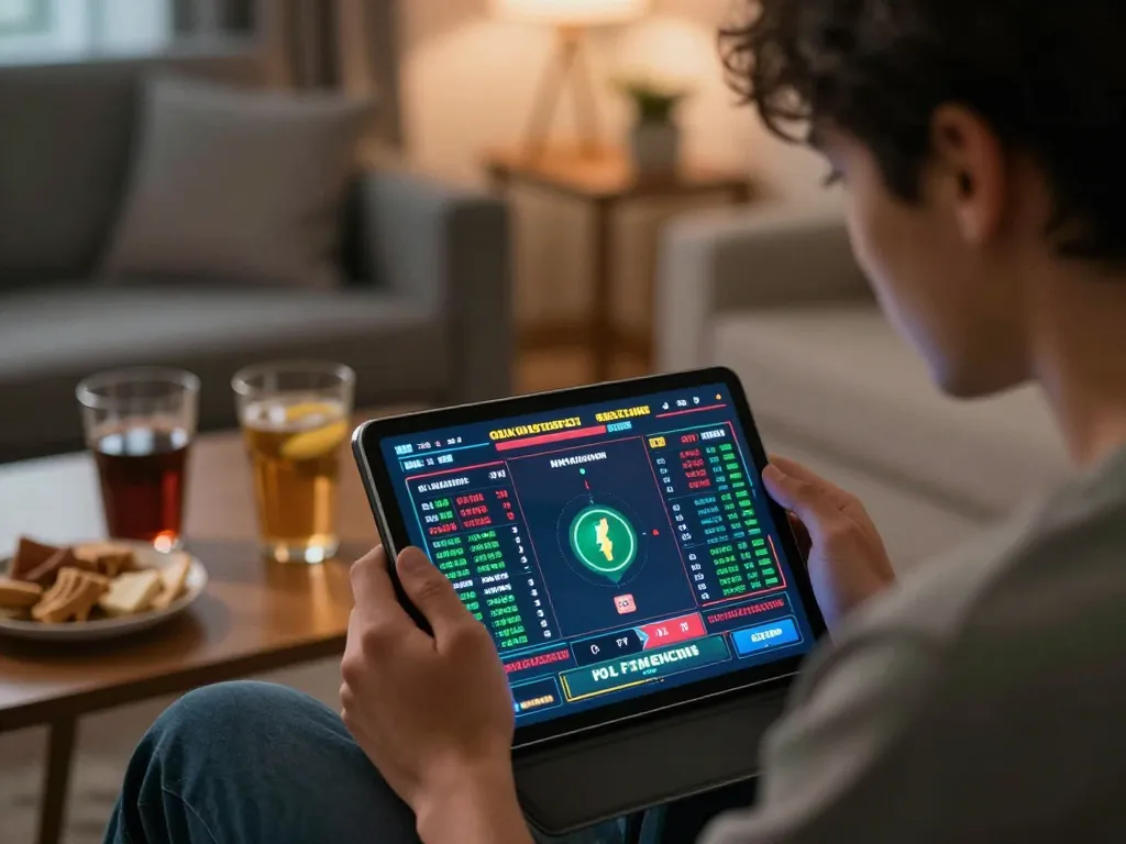 sc88e user actively engaging in online sports betting from a cozy home setting, displaying excitement.
