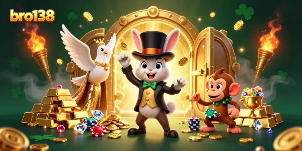 Experience the magic of bro138 with a dynamic casino scene of cartoon characters and gold treasures.