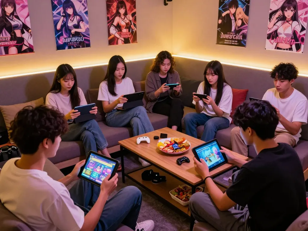 Excited players enjoying a sex game in a cozy gaming lounge atmosphere with multiple devices.