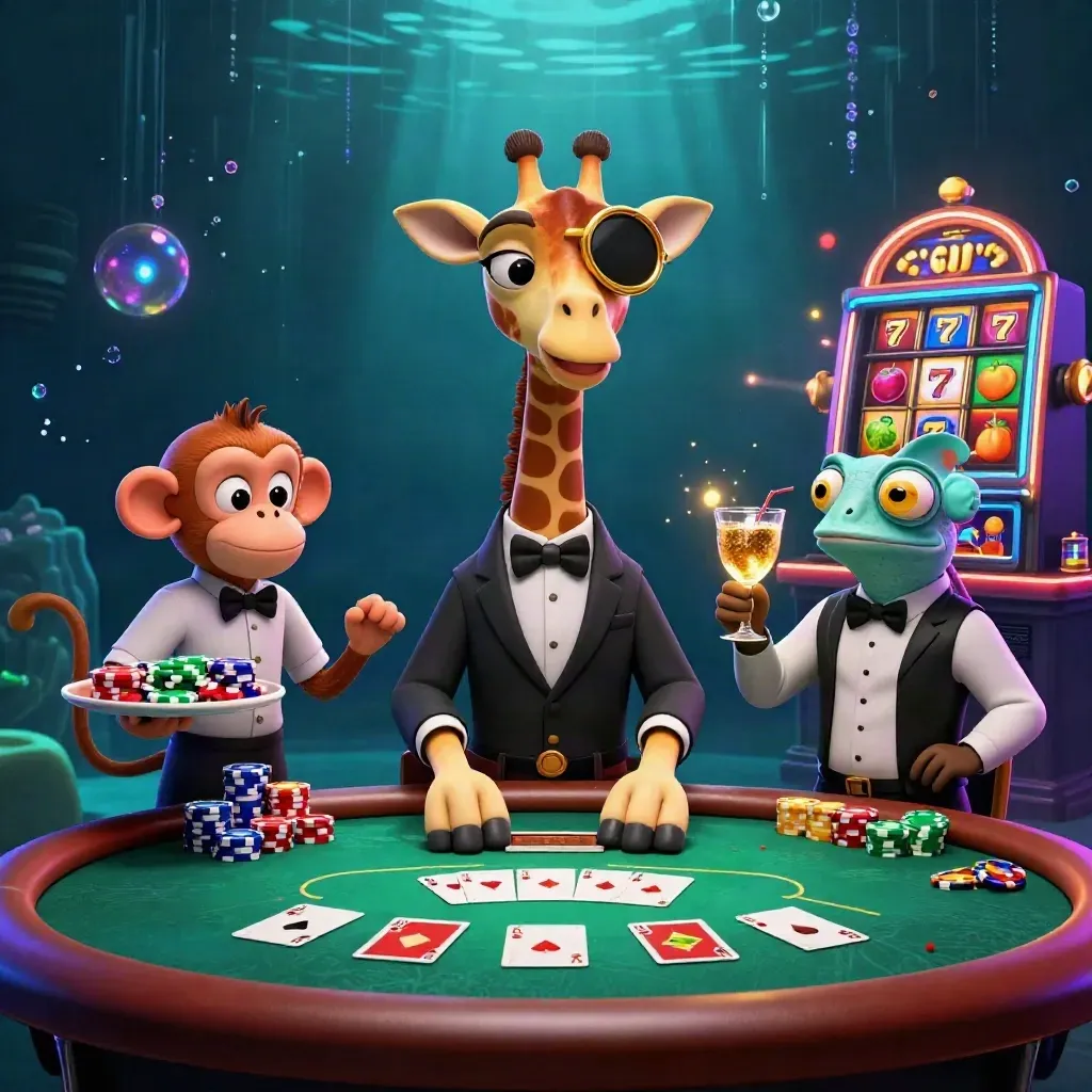 Giraffe, monkey valet, and chameleon bartender amid glowing chips, aces, and neon slot magic