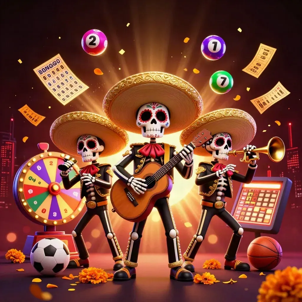 Day-of-the-Dead skeleton mariachi trio amid flying casino prizes, soccer ball and basketball