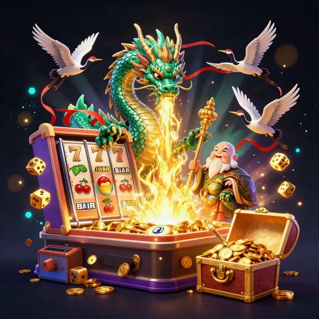Emerald dragon, turtle sage, and cranes amid slot symbols, gold fire, and glowing treasure.
