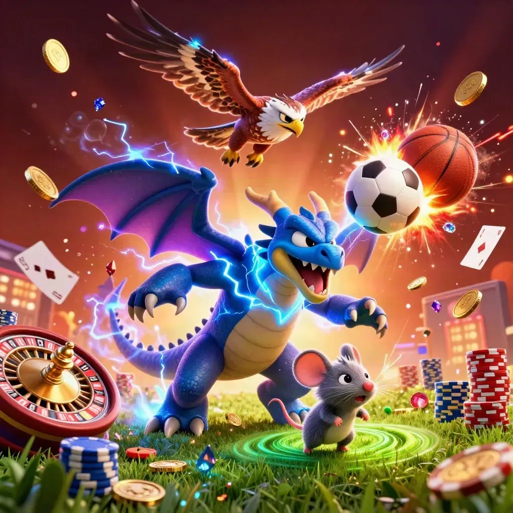 Thunder dragon, wind hawk, and mouse amid soccer chaos, coins, chips, and glowing casino effects