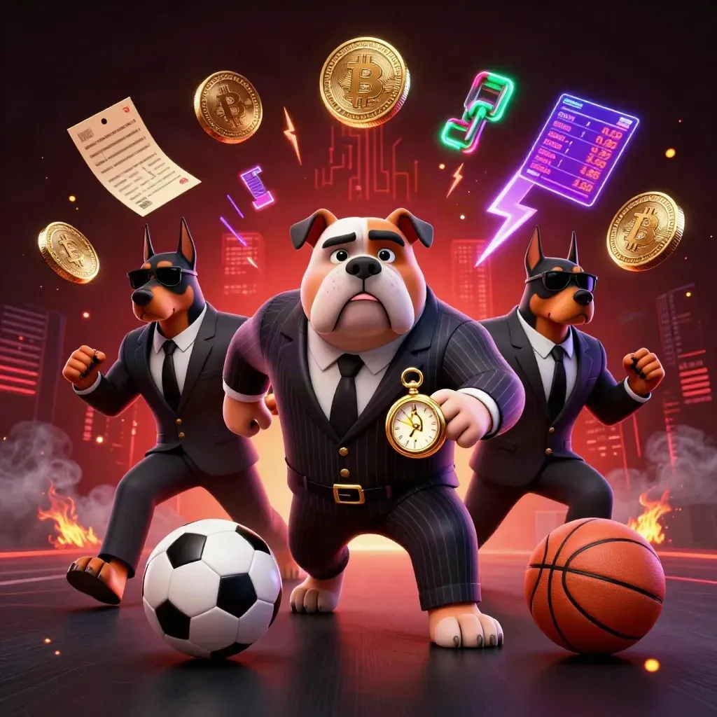 Bulldog mafia boss and Doberman guards amid neon crypto coins, sports props, and casino glow.