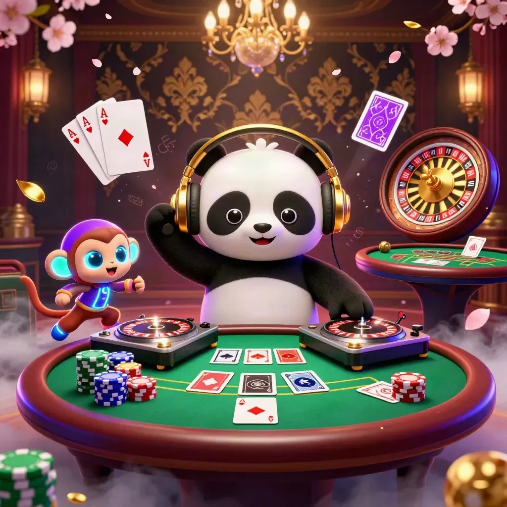 DJ panda, breakdancing monkey, and glow-stick kitten amid casino luxury, neon glow, and drifting petals.