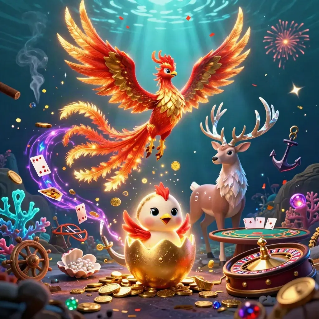 Phoenix, hatchling, and crystal stag in a glowing underwater casino treasure cove.