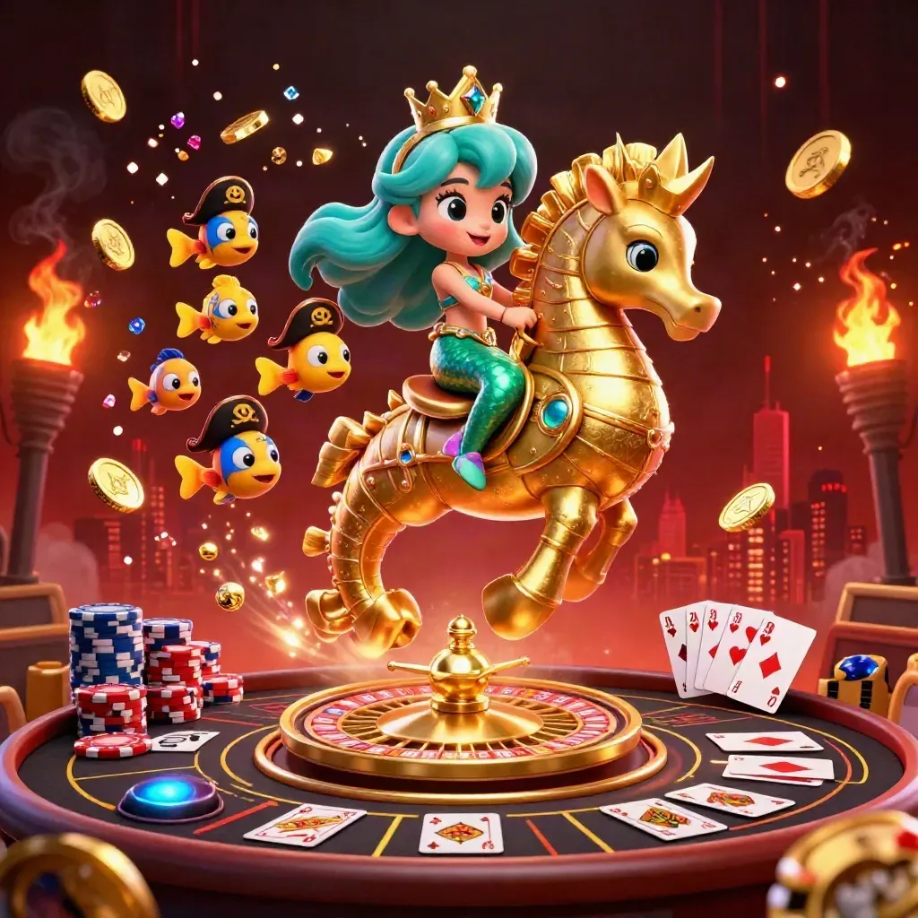 Mermaid princess on armored seahorse amid casino magic, coins, gems, roulette, cards, smoke, and gold light.