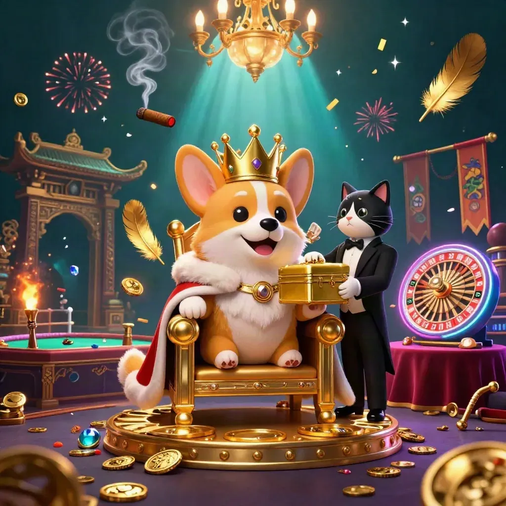 Royal corgi and cat butler in a neon casino fantasy with gold, violet, and emerald glow.