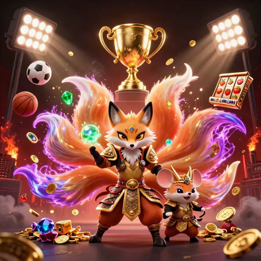Neon fox spirit and samurai mouse amid treasure, sports balls, coins, and casino glow.
